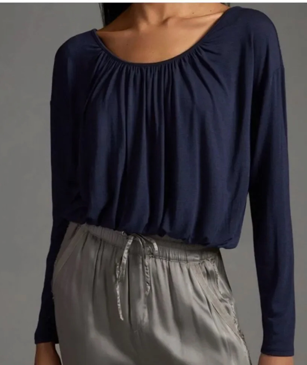 NEW Anthropologie Maeve Long Sleeve Bubble Hem Top Navy Blue Medium